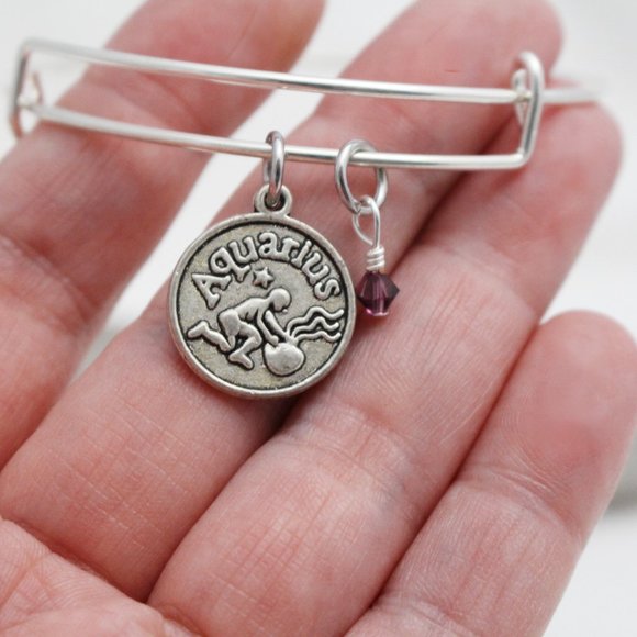 February Aquarius Adjustable Charm Bangle - Handmade Zodiac Bracelet - Picture 4 of 10